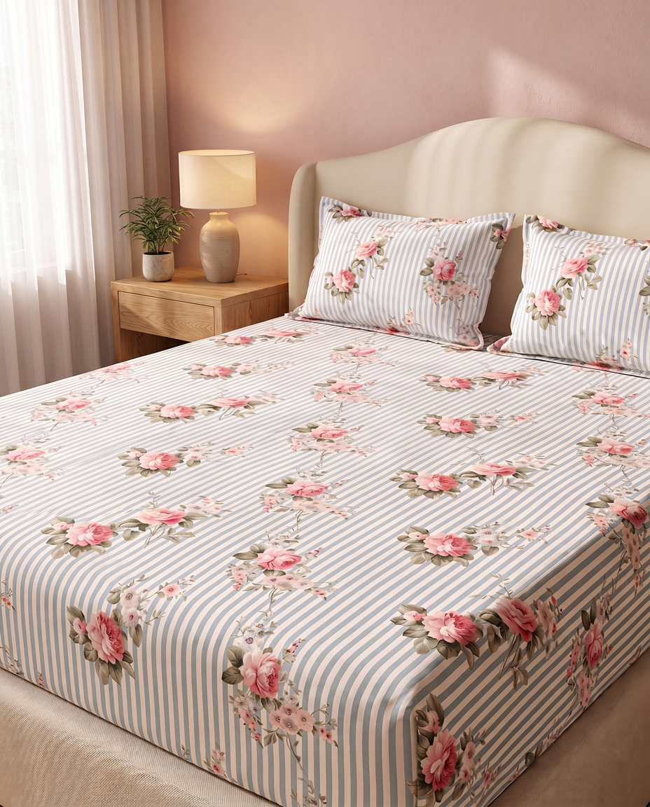 Blue Striped Rose Garden 300 TC Cotton Bedsheet