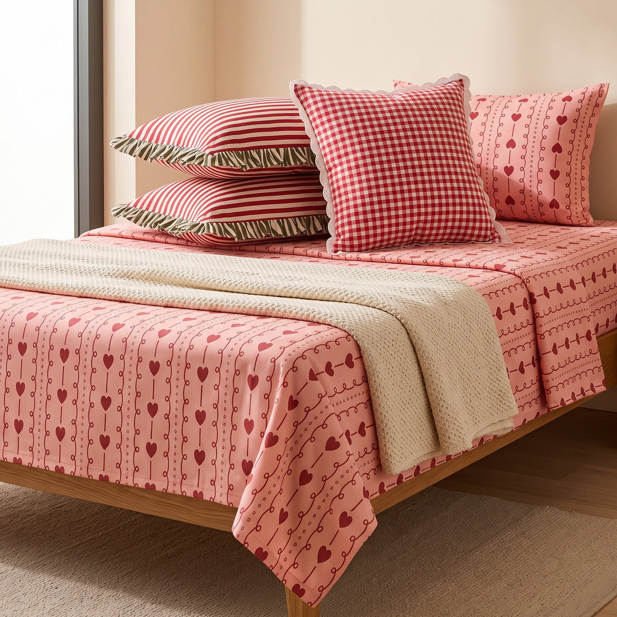 Romantic Red Hearts & Dainty Pink Stripe Pattern Soft, Breathable Screen Printed Flat Sheet King Size