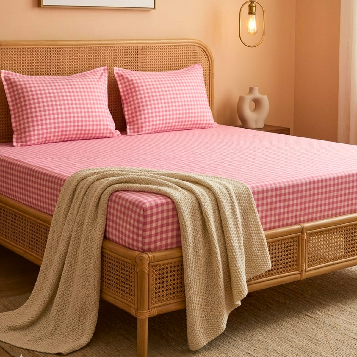 Bedsheet for Double Bed, Pink & White Gingham Checkered Queen Size